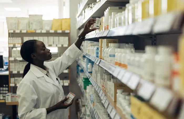 Une pharmacienne en officine, en blouse blanche