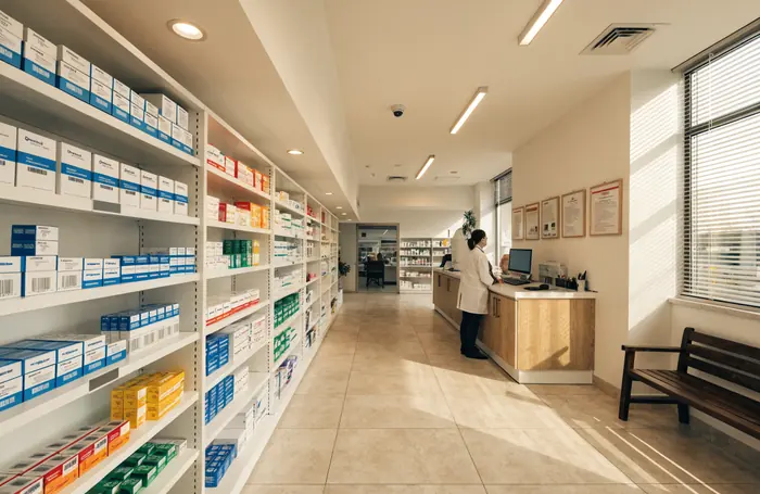 Intérieur clair d’une officine avec ses rayonnages