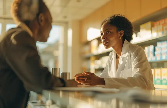 Une pharmacienne conseille un patient au comptoir